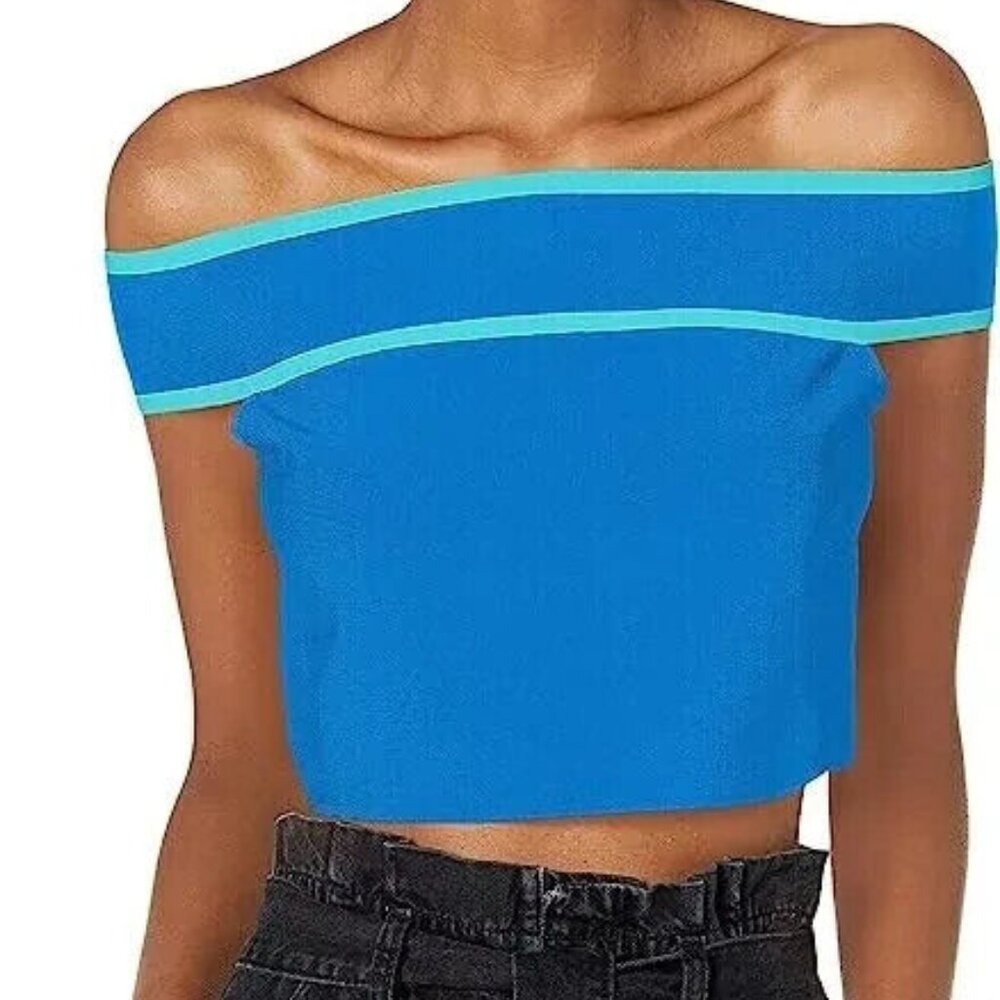 BCBG MAXAZRIA Top Womens XL Blue‎ Off The Shoulder Cropped Stretch Knit New NWT